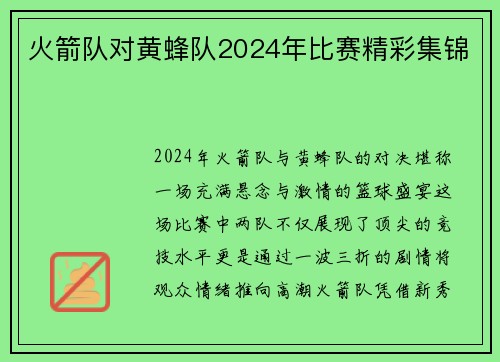 火箭队对黄蜂队2024年比赛精彩集锦